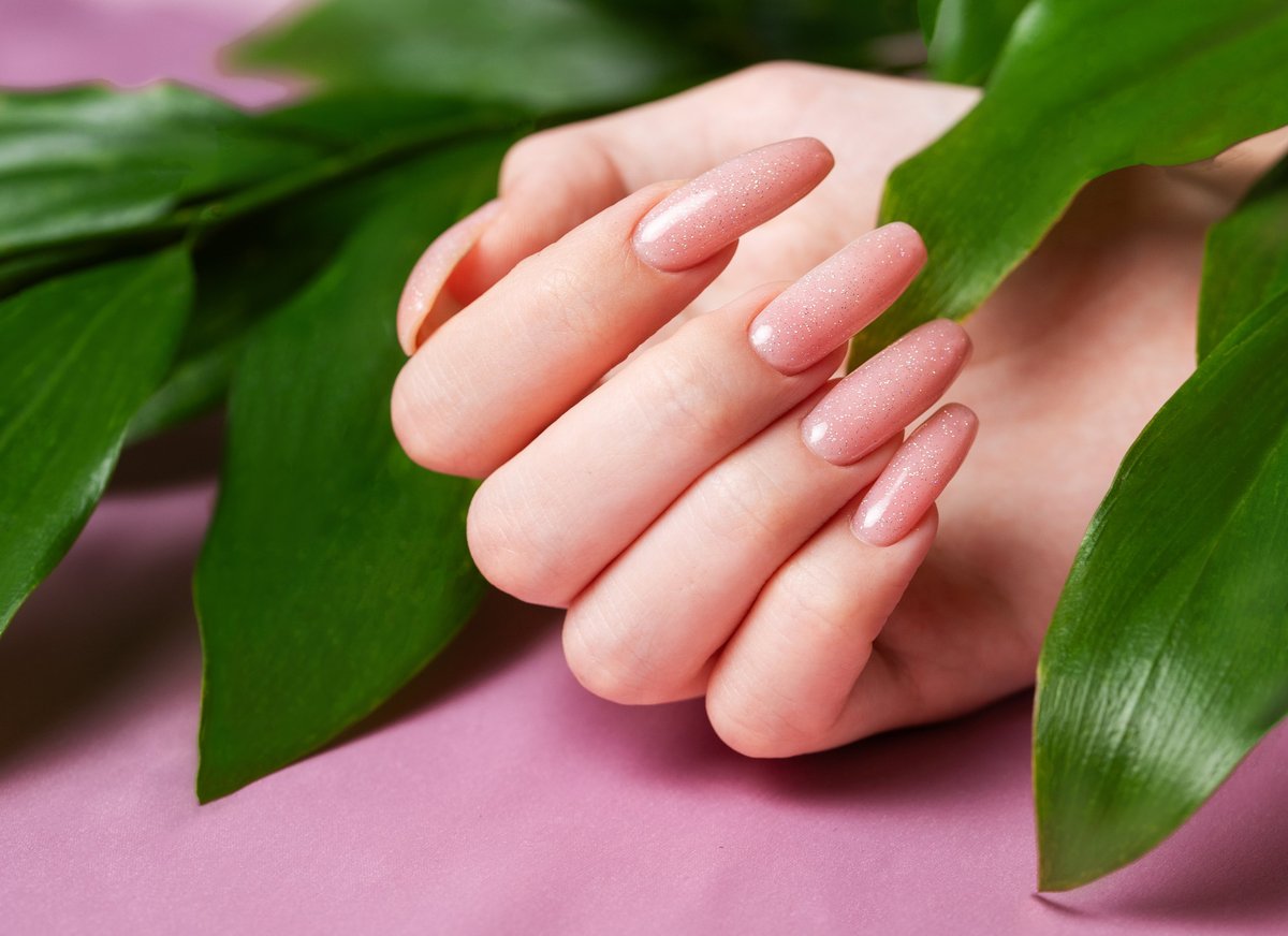 Female hands with pink nail design hold green leaves. Pink nail polish manicure on pink background