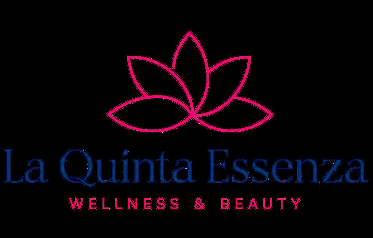 La Quinta Essenza logo con fiore di loto rosa e testo blu e rosa per benessere e bellezza