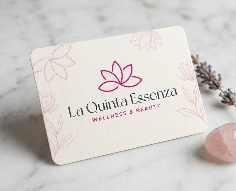 La Quinta Essenza wellness and beauty business card with pink lotus flower design on marble background with lavender and rose quartz
