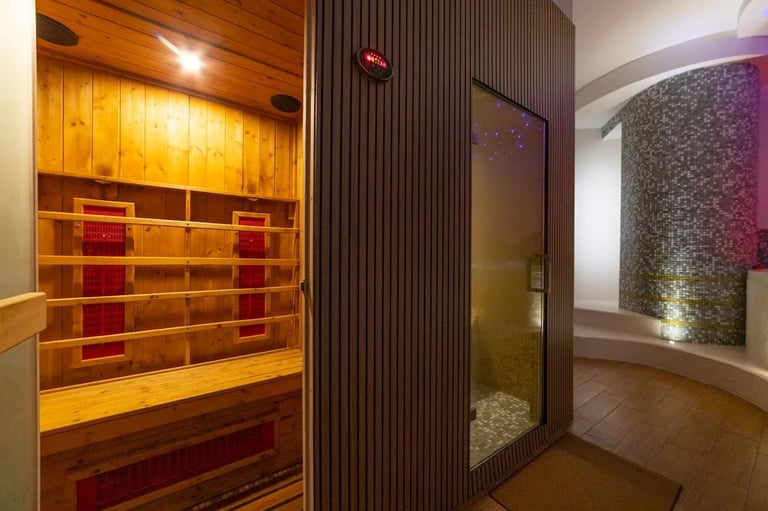 Modern home spa with wooden sauna featuring red interior on left, dark wood partition in center, and shower enclosure with stone wall on right